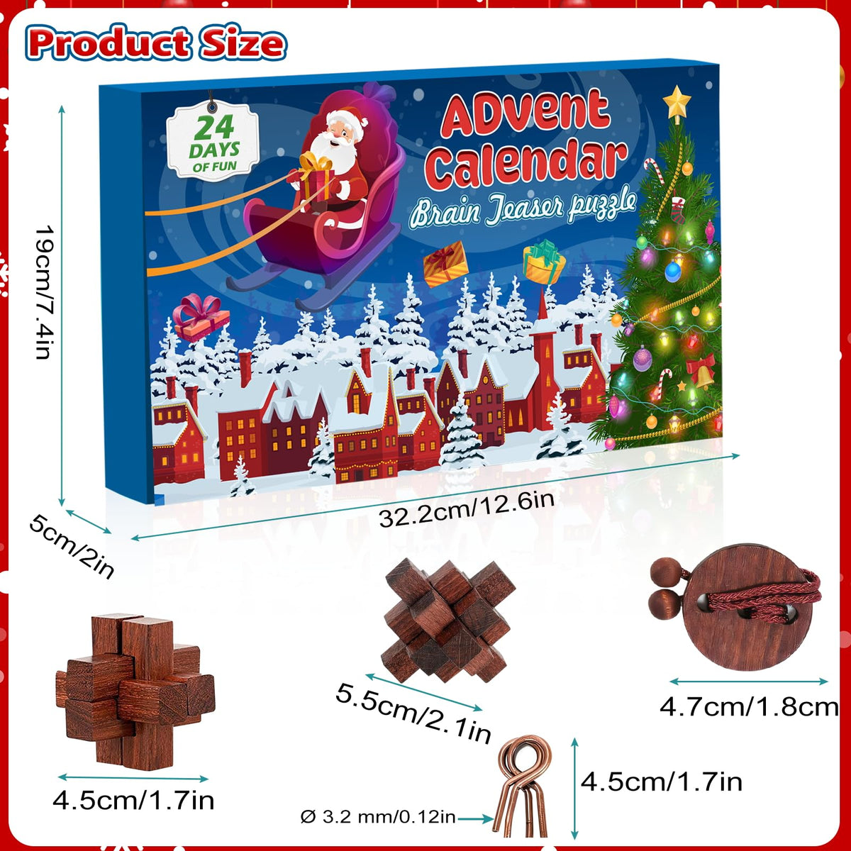 Countdown Gift Box with 24 Metal Ring and Wooden Puzzles That Teens and Adults Can Solve Day by Day
