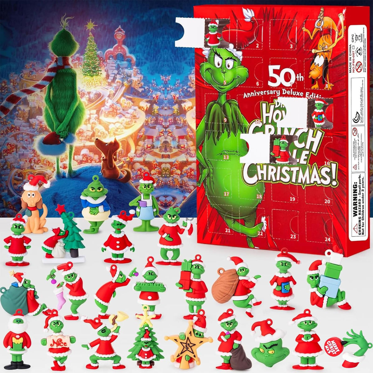 Countdown Gift Box with 24 Small Plastic Holiday Figures in a Red, Black or Blue Box