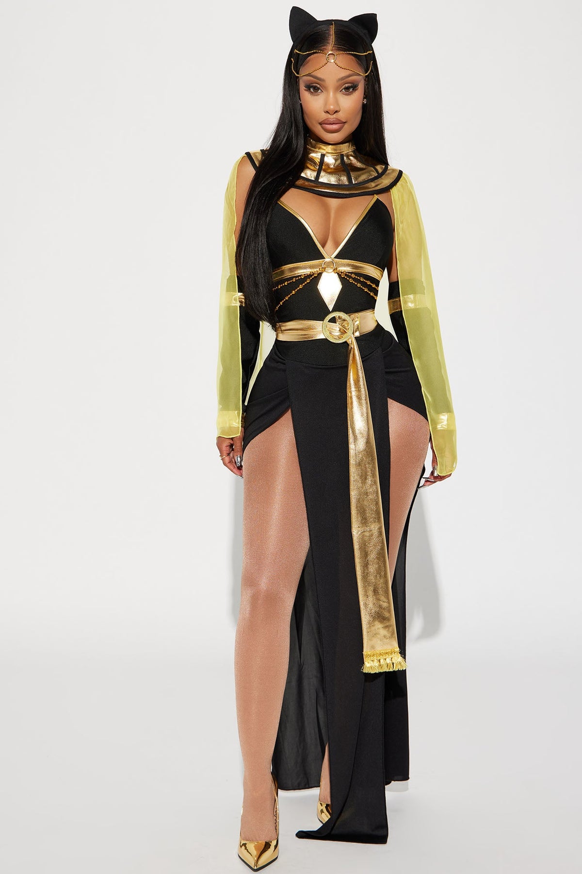 Nile Queen Costume Set in Black and Gold with Sheer Slit Dress, Cape, Headpiece, and Choker