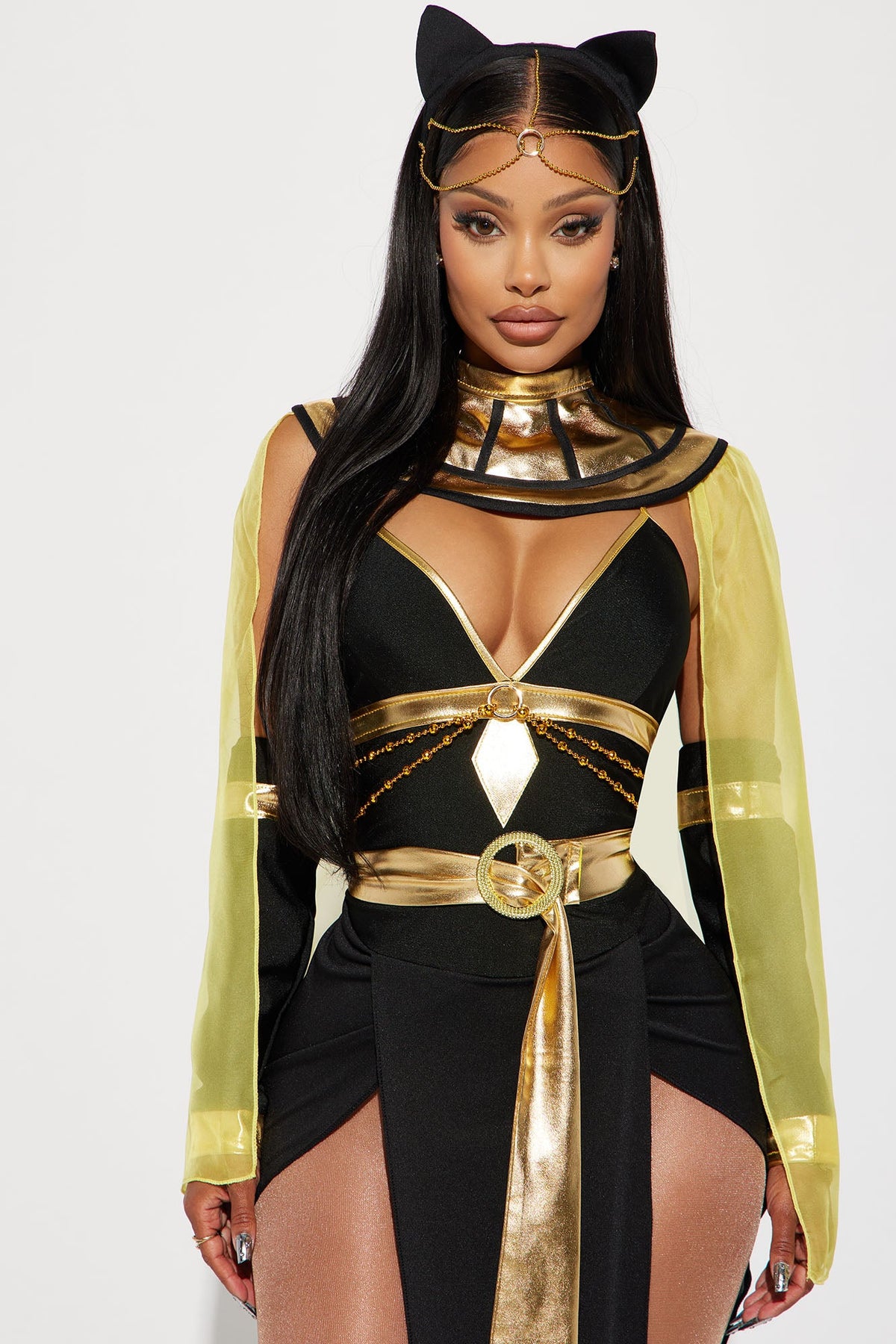 Nile Queen Costume Set in Black and Gold with Sheer Slit Dress, Cape, Headpiece, and Choker