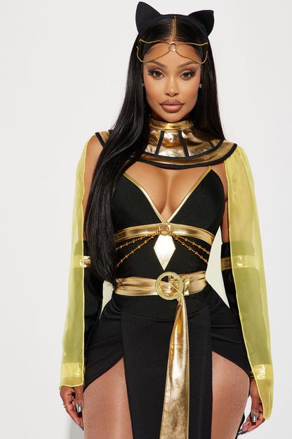 Nile Queen Costume Set in Black and Gold with Sheer Slit Dress, Cape, Headpiece, and Choker