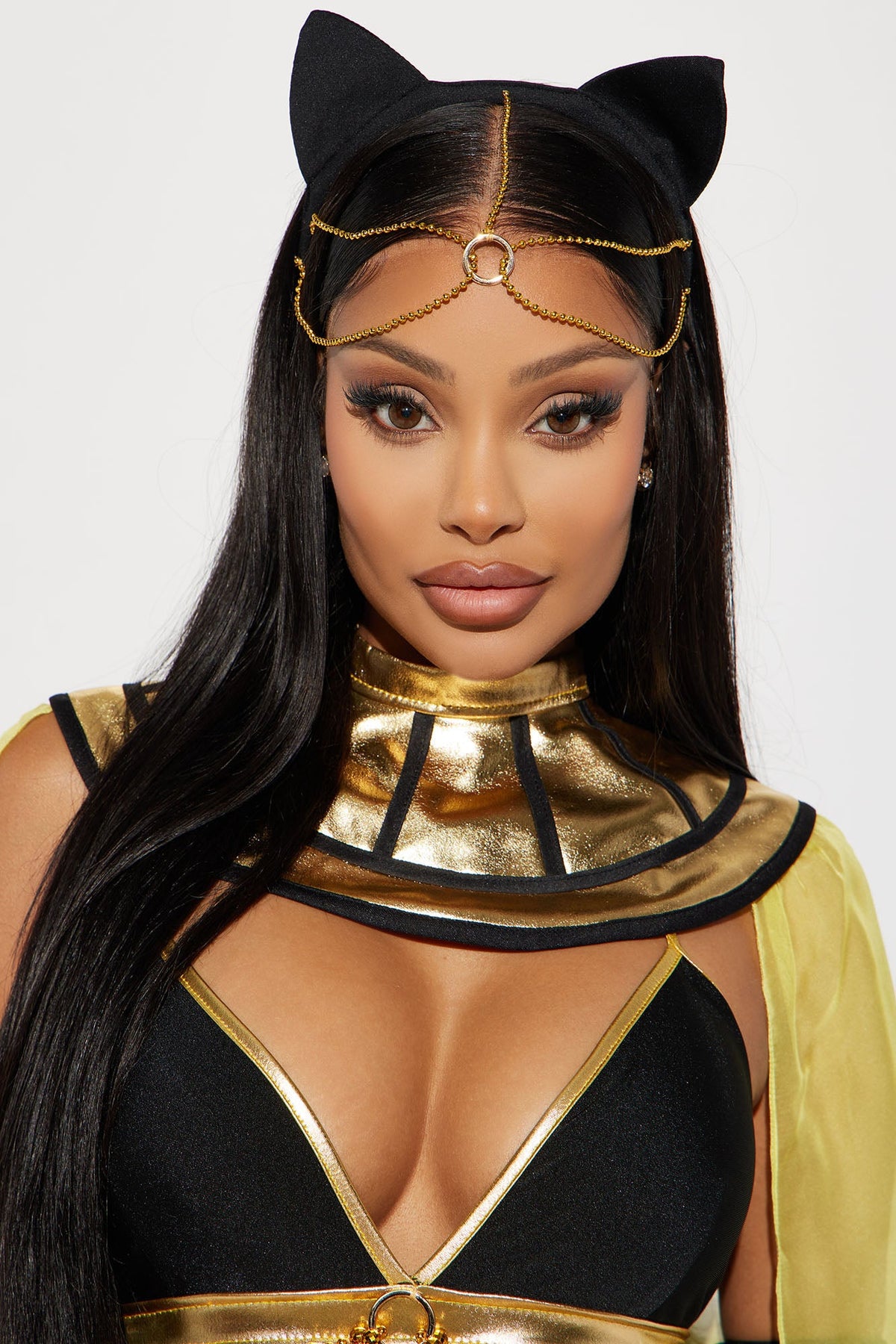 Nile Queen Costume Set in Black and Gold with Sheer Slit Dress, Cape, Headpiece, and Choker