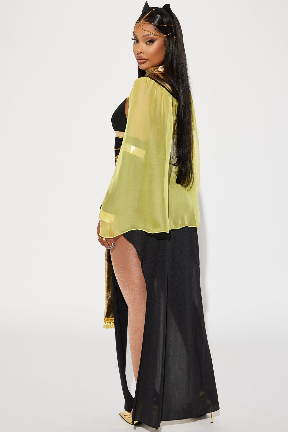 Nile Queen Costume Set in Black and Gold with Sheer Slit Dress, Cape, Headpiece, and Choker