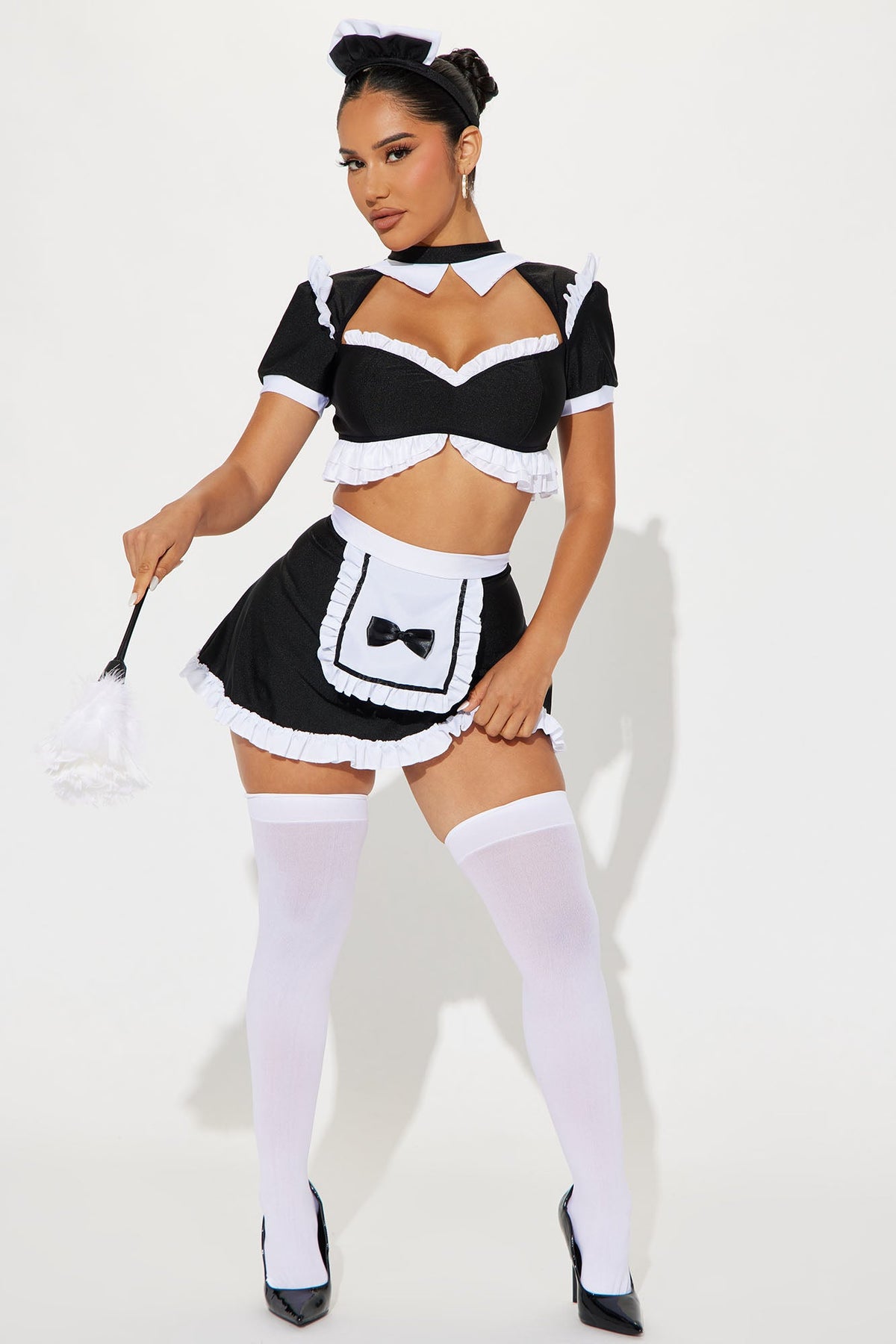 Maid Outfit Set in Black and White with Lace Trim Top, Apron Skirt, Headpiece, and Duster