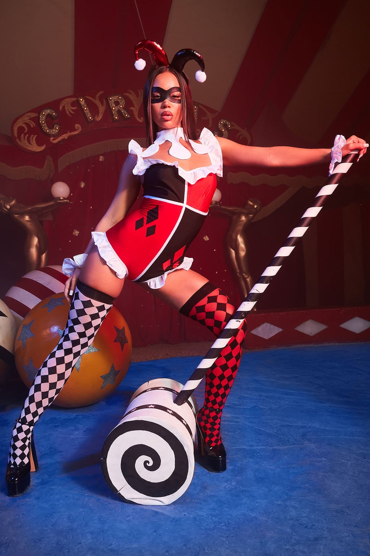 Six Piece Red Romper Costume Set with Ruffle Cuffs, Mask, and Thigh Highs