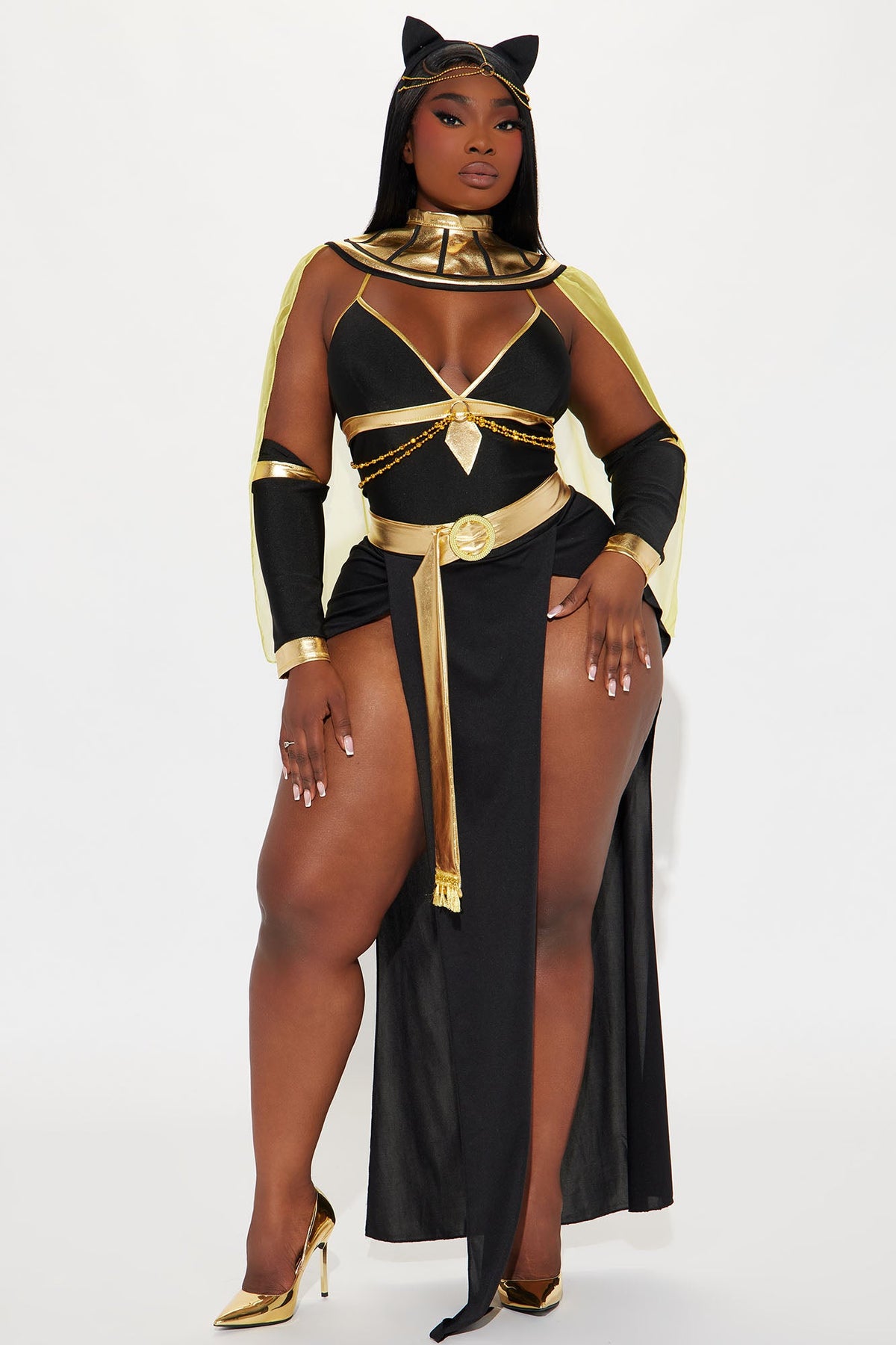 Nile Queen Costume Set in Black and Gold with Sheer Slit Dress, Cape, Headpiece, and Choker