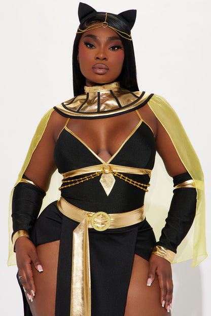 Nile Queen Costume Set in Black and Gold with Sheer Slit Dress, Cape, Headpiece, and Choker