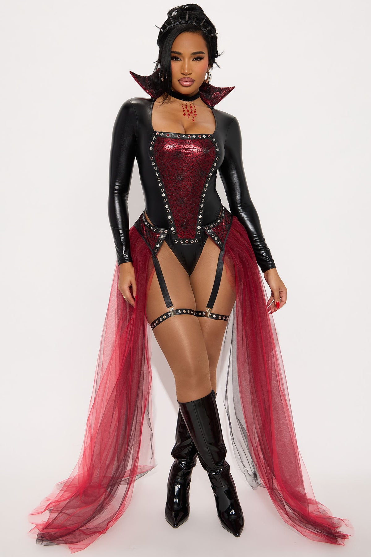 Red Romper Costume Set with Attached Skirt and Gothic Accessories