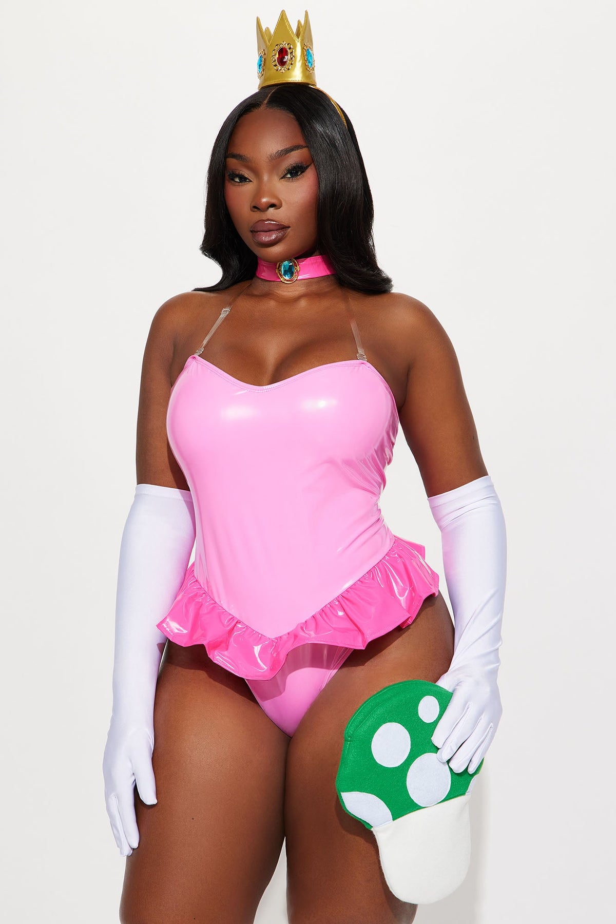 Womens Pink Princess Costume Set with Peplum Teddy, Neckpiece, Headpiece, Purse, and Gloves