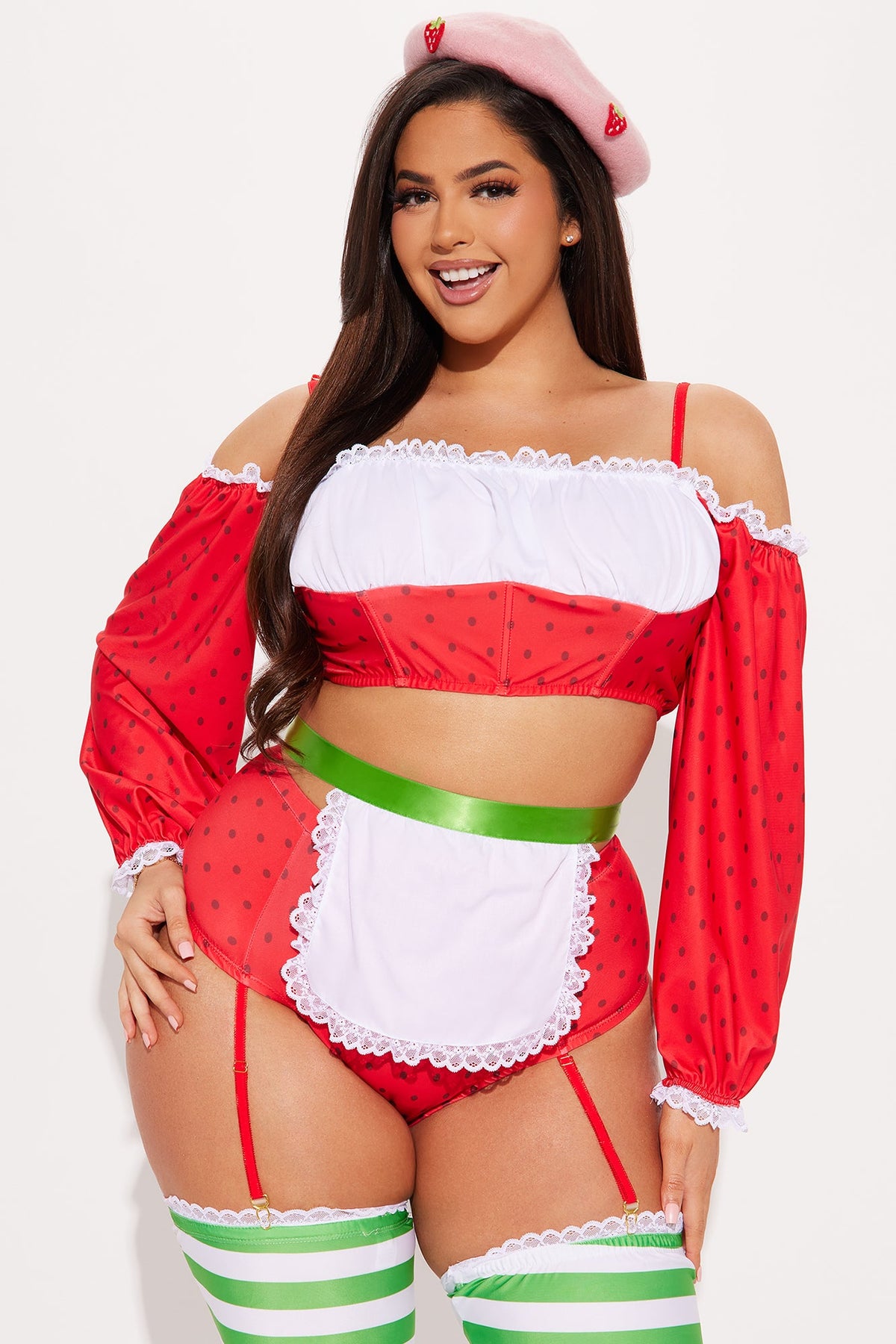 Strawberry Baker Costume Set with Top, Garter Panty, Leg Accessories, Hat, and Apron