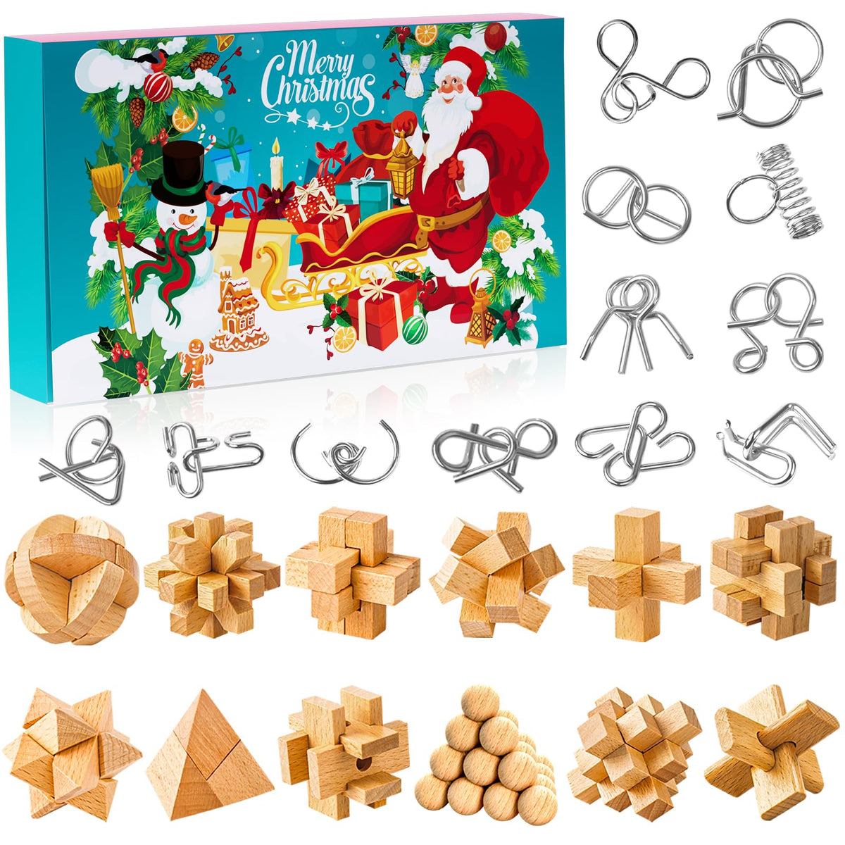 Countdown Gift Box with 24 Metal Ring and Wooden Puzzles That Teens and Adults Can Solve Day by Day