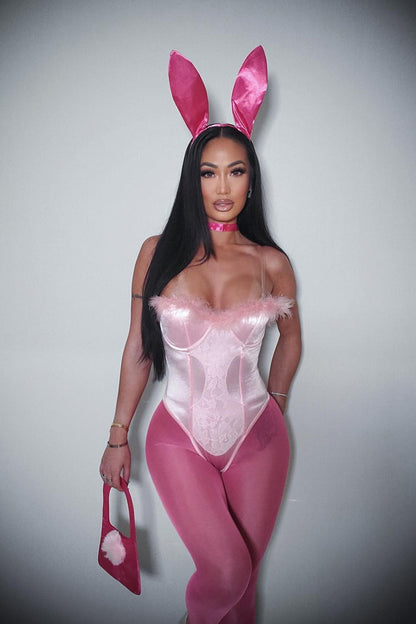 Womens Pink Bunny Costume Set with Faux Fur Trim Bodysuit, Sheer Leggings, Choker, and Ears