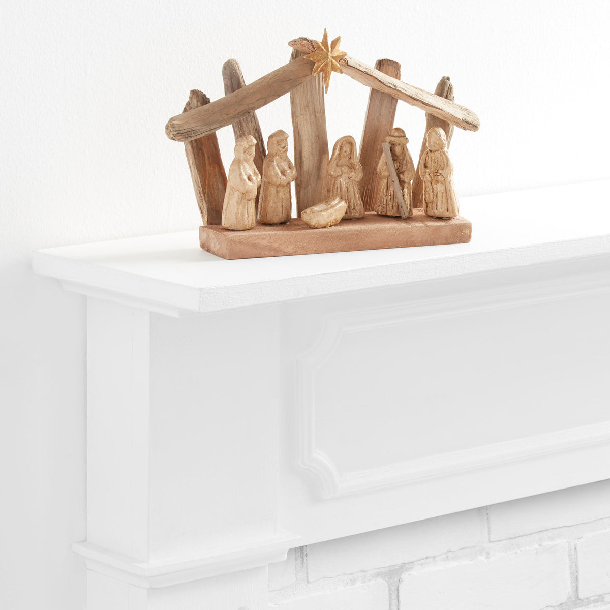 Weathered Driftwood Nativity Scene with a Metal Star and Gold Washed Paper Pulp Figures for Tables and Mantels