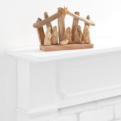 Weathered Driftwood Nativity Scene with a Metal Star and Gold Washed Paper Pulp Figures for Tables and Mantels