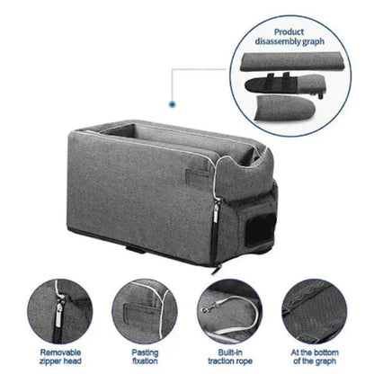 Pet Car Seat Travel Bag with Zipper Top and Collar Lanyard for Small Dogs and Cats in Beige Or Gray