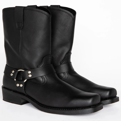 Mens 11 Inch Harness Boots with a Harness Strap, Silver Rivets and a Double Stitched Upper in Three Colors