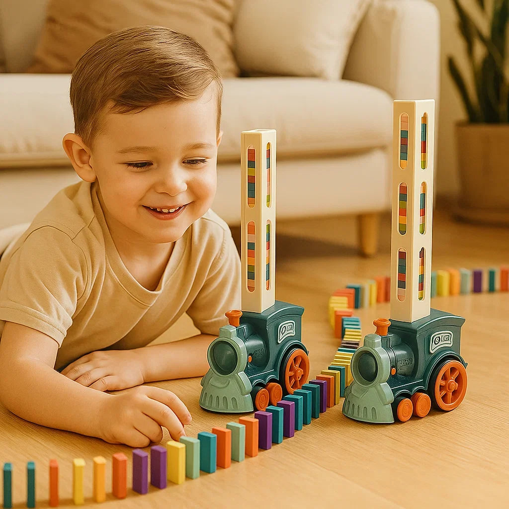 Automatic Domino Train Toy with Colorful Pieces and Battery Power for Kids Ages 3 and Up