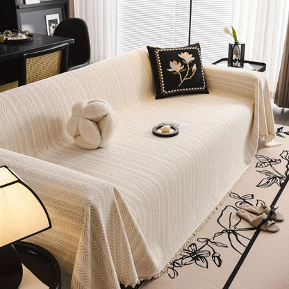 Microfiber Chenille Sofa Cover with Herringbone Pattern and Tassel Trim, Pet Friendly