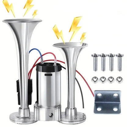 2026 Upgraded 12V 130DB Air Horn Dual Horn, Horn Kit with Air Compressor,Dual Electric Air Horns Kit with Compressor for Vehicles Trucks Pickup Trains Lorrys SUVs Cars Boats (12V SilverBlack) Alarm for Home Security, allveramart