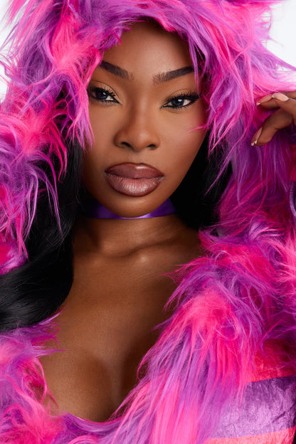 Pink Kitty Halloween Costume Set for Women with Hooded Fur Dress Tail Choker Gloves and Leg Warmers