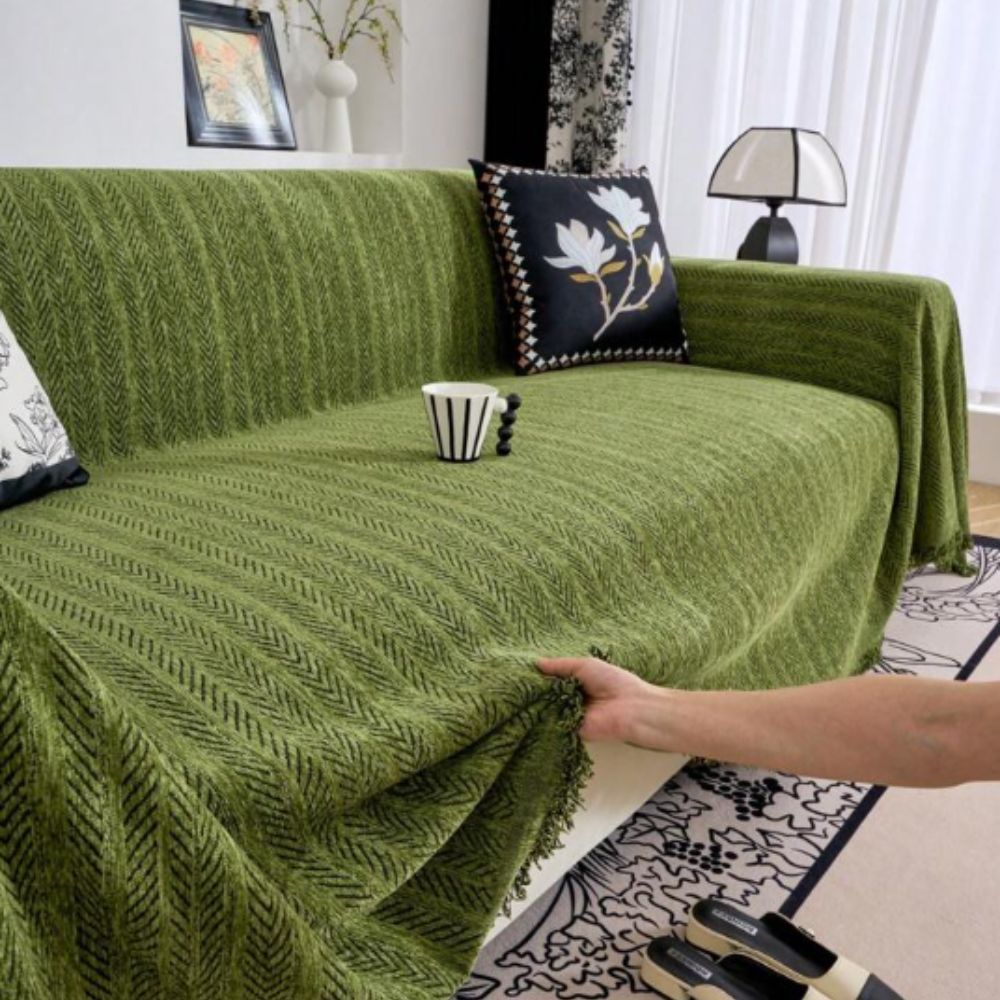 Microfiber Chenille Sofa Cover with Herringbone Pattern and Tassel Trim, Pet Friendly
