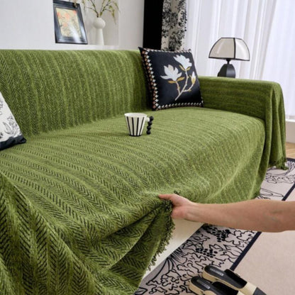 Microfiber Chenille Sofa Cover with Herringbone Pattern and Tassel Trim, Pet Friendly
