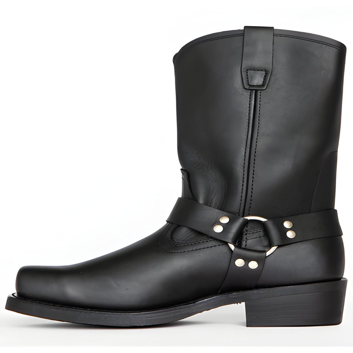 Mens 11 Inch Harness Boots with a Harness Strap, Silver Rivets and a Double Stitched Upper in Three Colors