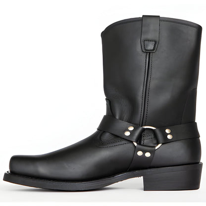 Mens 11 Inch Harness Boots with a Harness Strap, Silver Rivets and a Double Stitched Upper in Three Colors