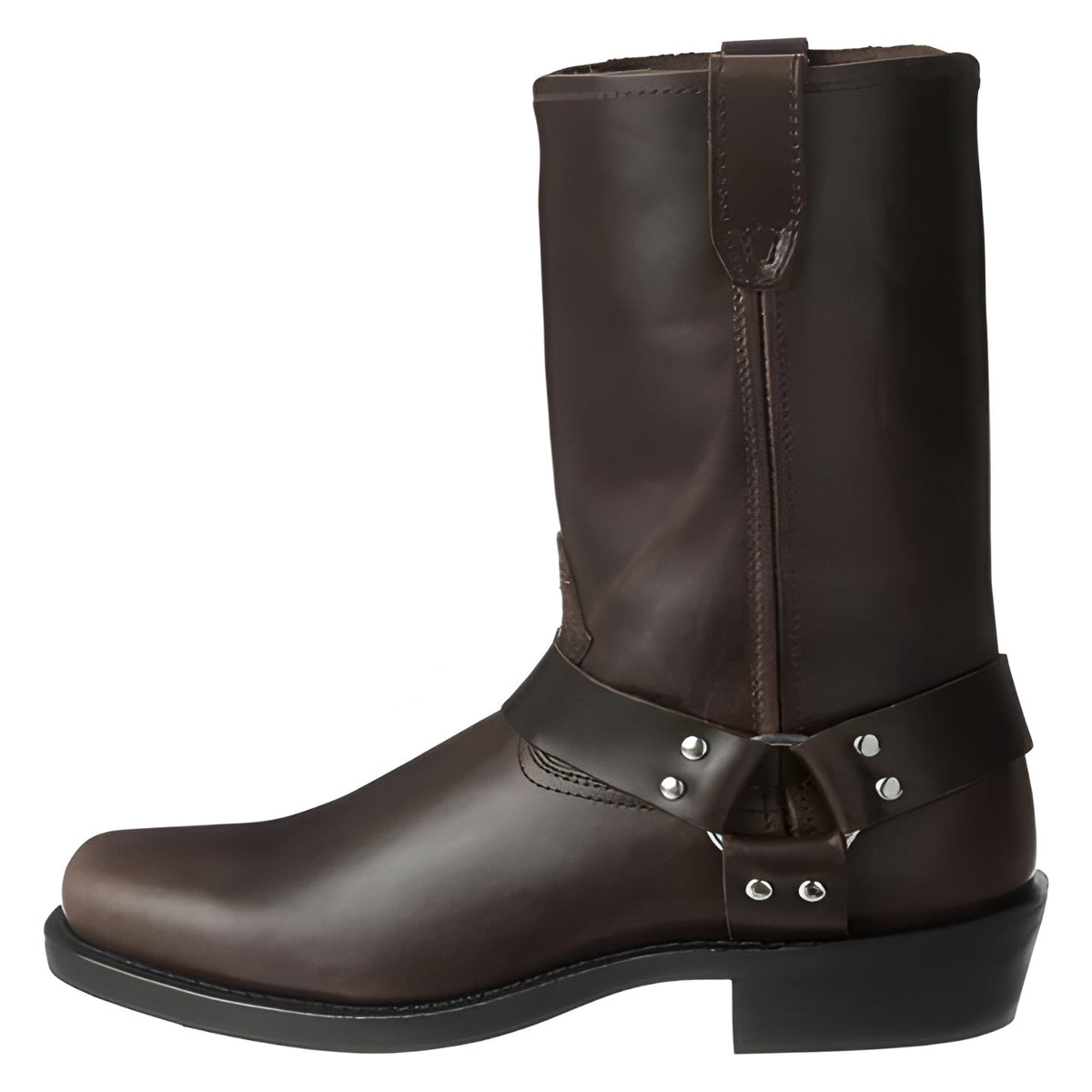 Mens 11 Inch Harness Boots with a Harness Strap, Silver Rivets and a Double Stitched Upper in Three Colors