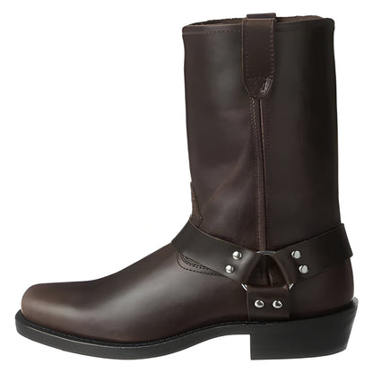 Mens 11 Inch Harness Boots with a Harness Strap, Silver Rivets and a Double Stitched Upper in Three Colors