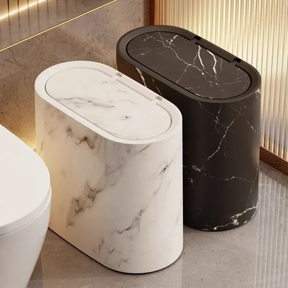 Marble Finish Trash Can with Push Top Lid and Elliptical Shape