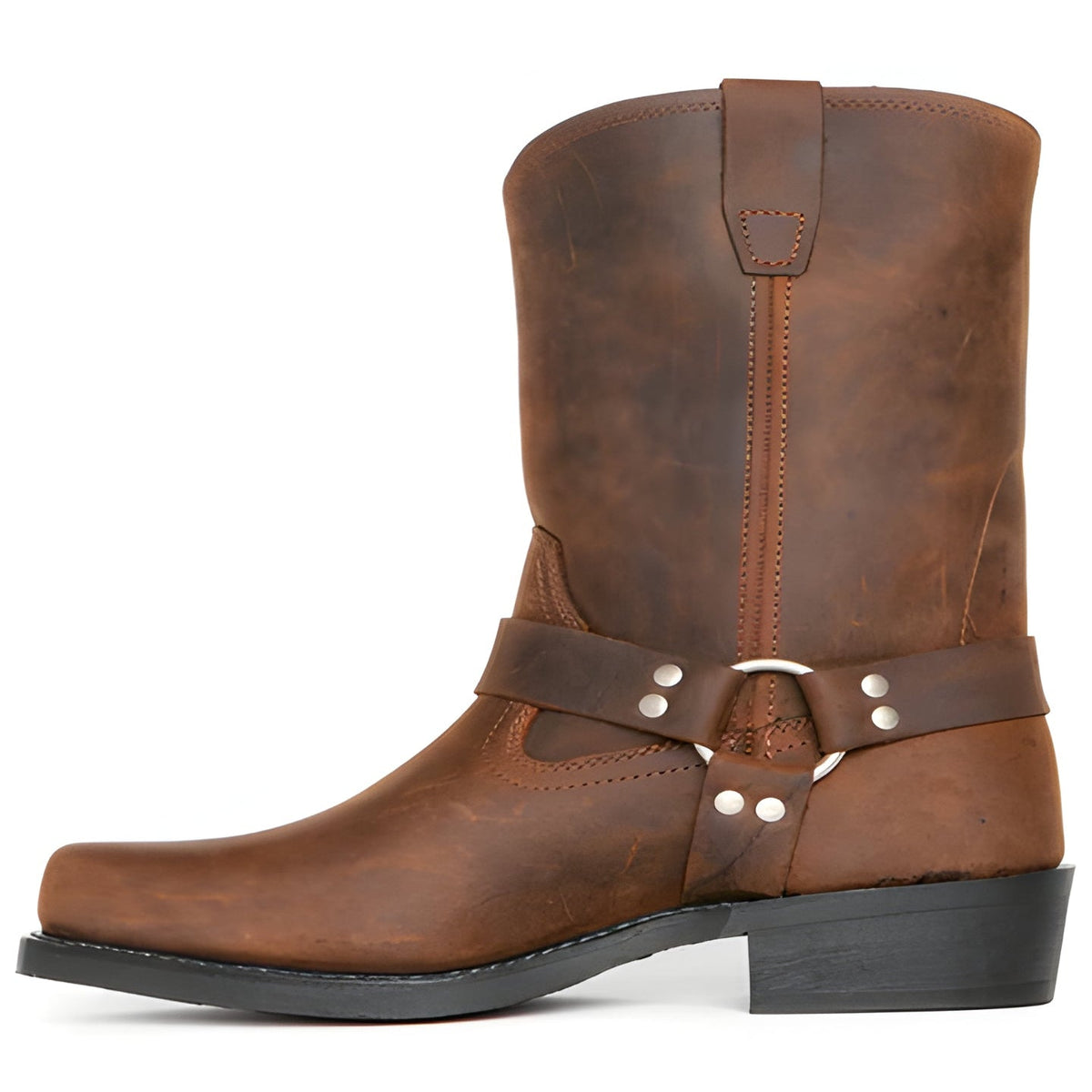 Mens 11 Inch Harness Boots with a Harness Strap, Silver Rivets and a Double Stitched Upper in Three Colors