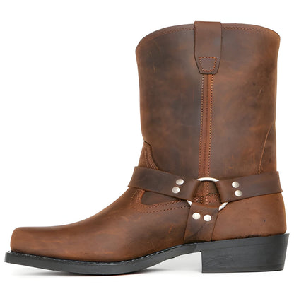 Mens 11 Inch Harness Boots with a Harness Strap, Silver Rivets and a Double Stitched Upper in Three Colors