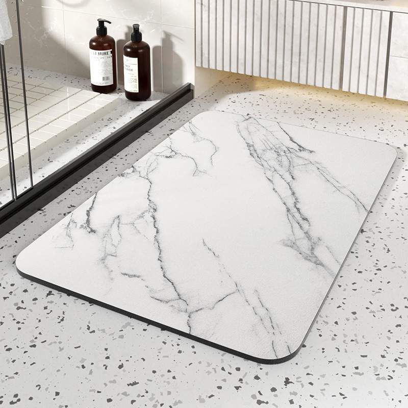 Quick Dry Mineral Stone Bathroom Mat with Rubber Grip Base and Marble Pattern