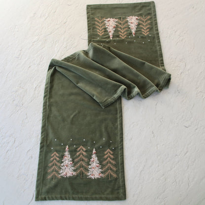 Green Velvet Holiday Table Runner with Embroidered Pine Trees and 72 Inch Length for Dining