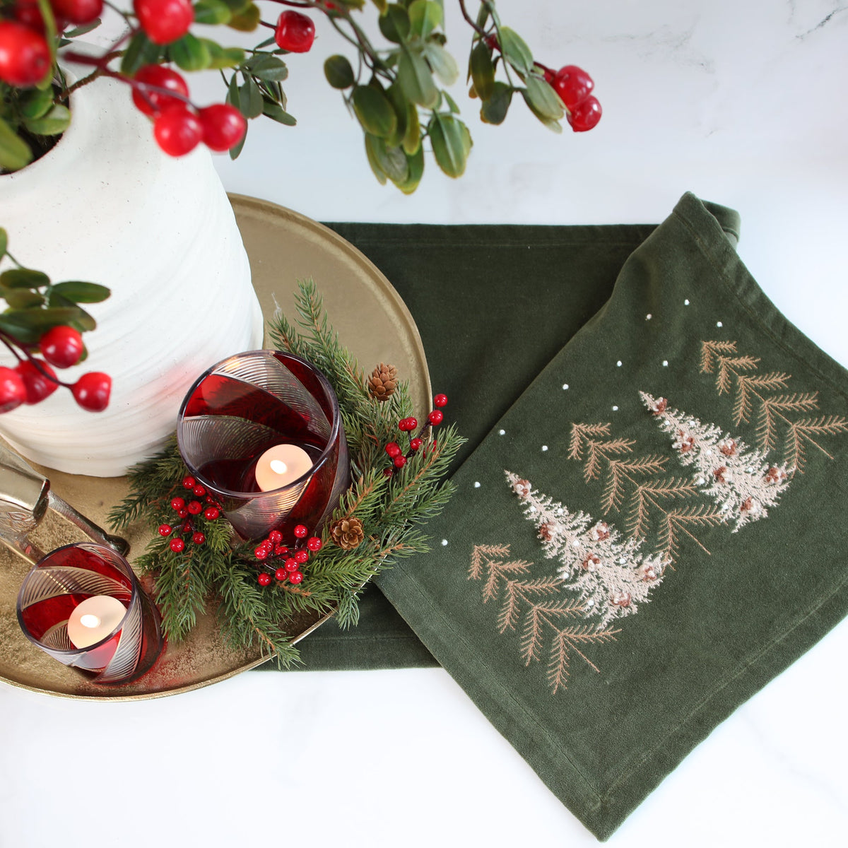 Green Velvet Holiday Table Runner with Embroidered Pine Trees and 72 Inch Length for Dining