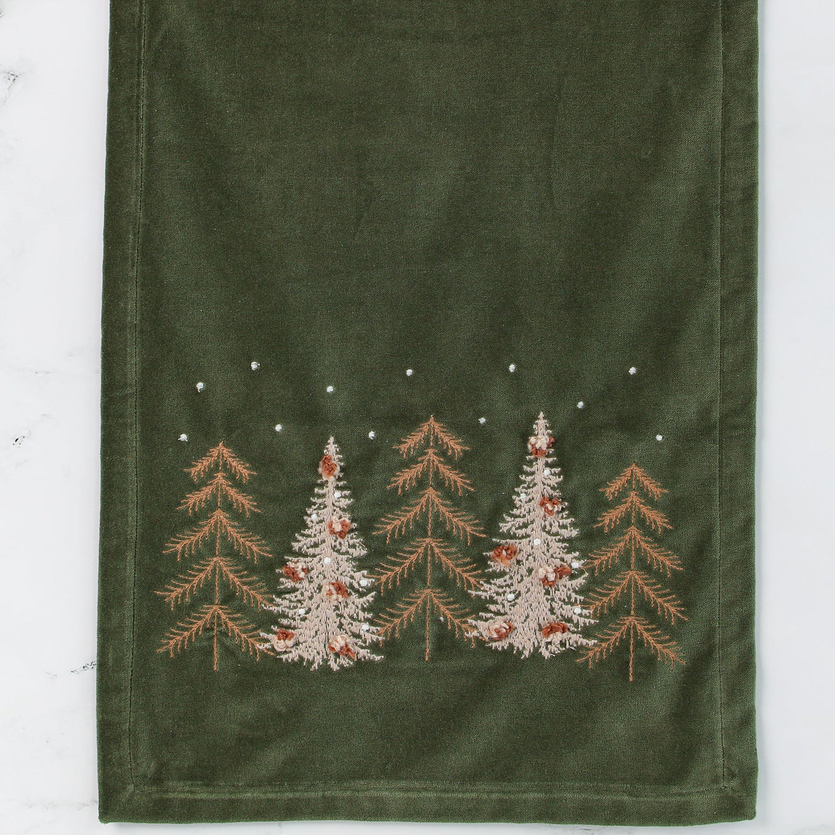 Green Velvet Holiday Table Runner with Embroidered Pine Trees and 72 Inch Length for Dining
