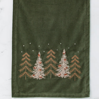 Green Velvet Holiday Table Runner with Embroidered Pine Trees and 72 Inch Length for Dining