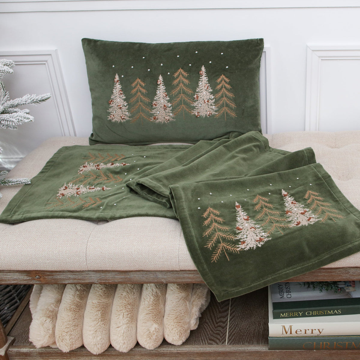 Green Velvet Holiday Table Runner with Embroidered Pine Trees and 72 Inch Length for Dining