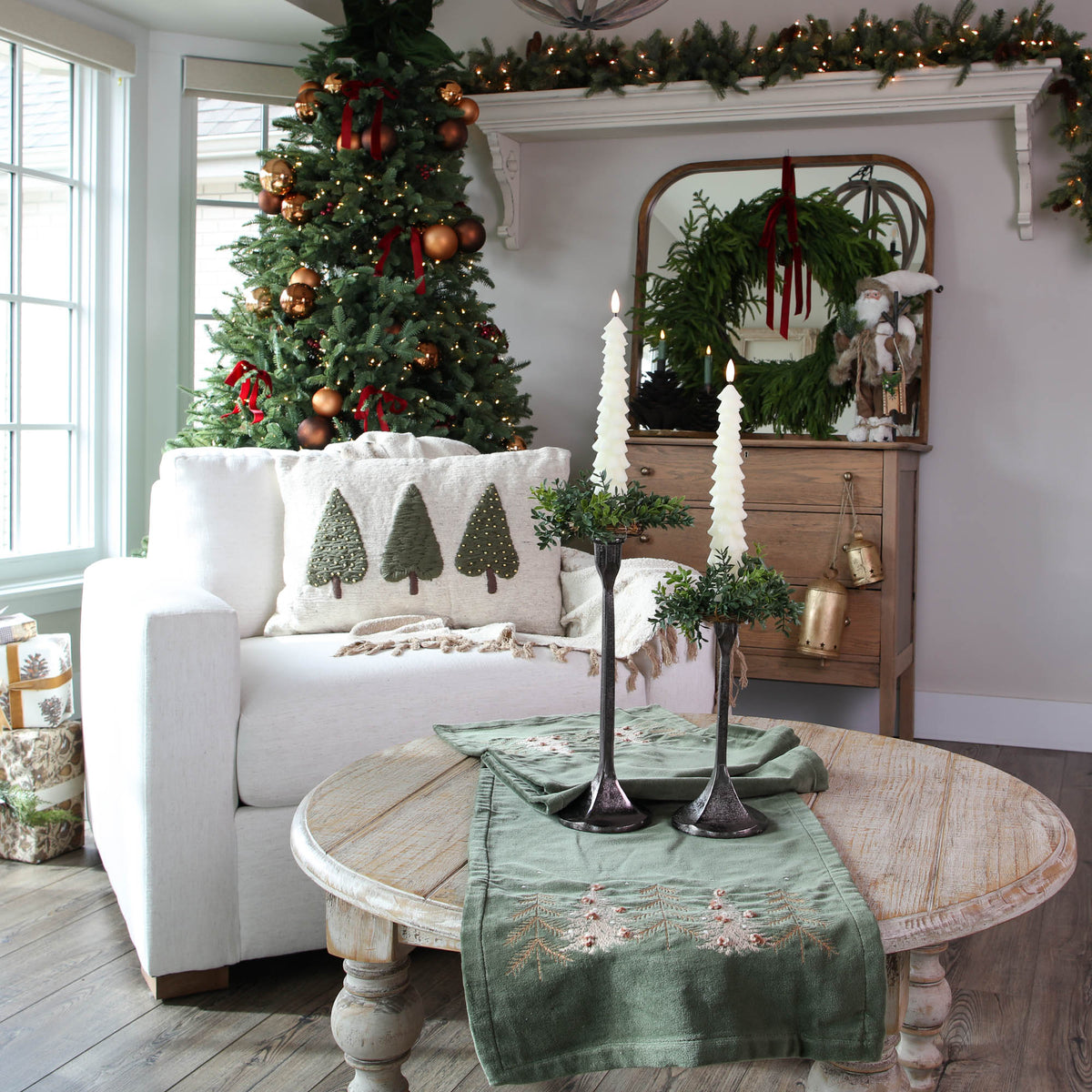 Green Velvet Holiday Table Runner with Embroidered Pine Trees and 72 Inch Length for Dining