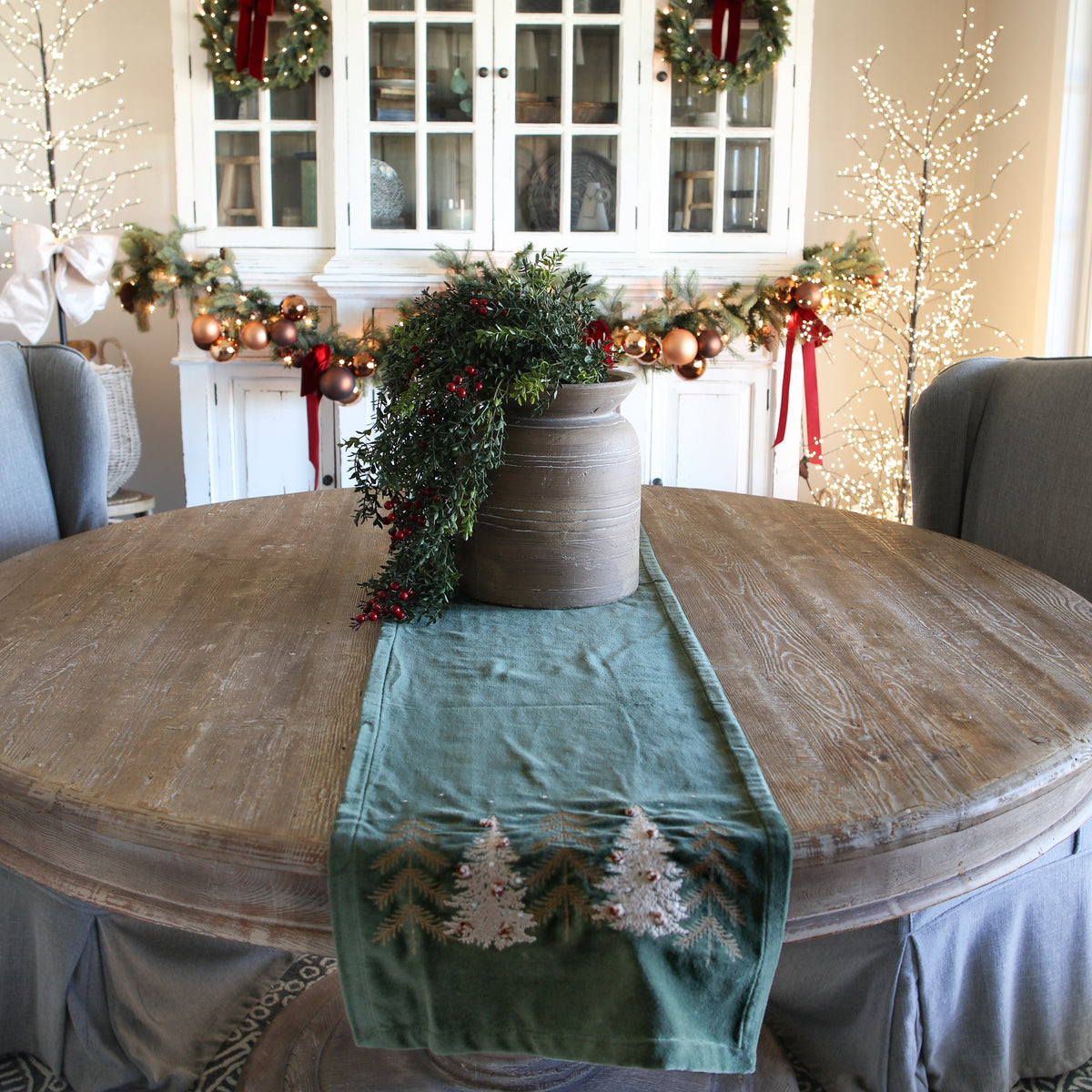 Green Velvet Holiday Table Runner with Embroidered Pine Trees and 72 Inch Length for Dining