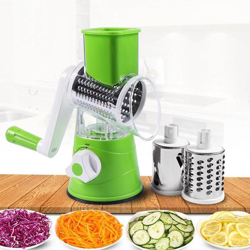 Rotary Vegetable Grater with Hand Crank and Three Interchangeable Blades