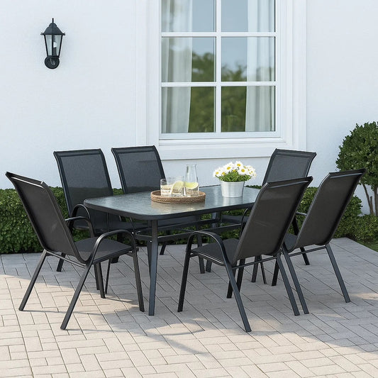 Kara Dining Set, Seating for 6 with Glass Top Table and Black Chairs