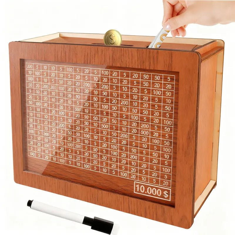 Wooden Cash Money Saving Box,Piggy Bank for Kids & Adults,10000 Savings Challenge Box,Coin Bank Toys Gift for 3-12 Year Old Boys & Girls (10000 Dollar) allveramart