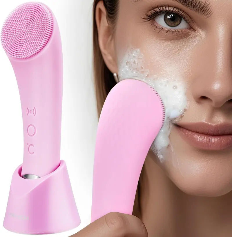 Electric Facial Cleansing Silicone Brush, Heatable Vibrating Face Scrubber with Massage, Silicone Face Scrubber for Women & Men, Electric Facial Cleanser for Deep Cleansing, Gentle Exfoliating.SummerWins DealsForYouDays allveramart