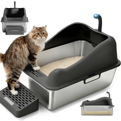 Stainless Steel Cat Litter Box | Extra Large 100L Enclosed Litter Box with Smart Odor Control, Auto Pause Sensor, 180° Flip Lid for Easy Cleaning, Anti-Leak High Walls, Step Mat & Scoop | Ideal for Multiple Cats allveramart