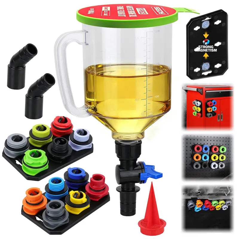 18-Piece Automotive Engine Oil Funnel Toolkit, 1.59QT/1.5L Car Maintenance Tools with 12 Adapters, Elbow Fitting, Arrow Screen, Magnetic Storage Hooks Tray, Tools for Mechanics, Car Stuff Compatible with GM, Ford, BMW, Audi, Land Rover allveramart
