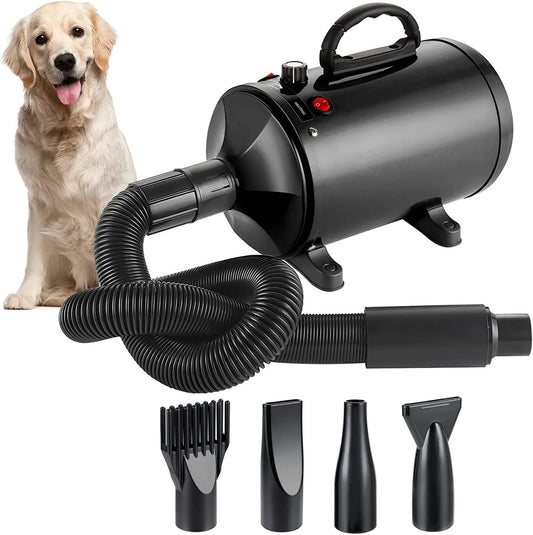 High Velocity Dog Grooming Dryer with Dual Speed Settings and Adjustable Temperature, Four Nozzle Attachments