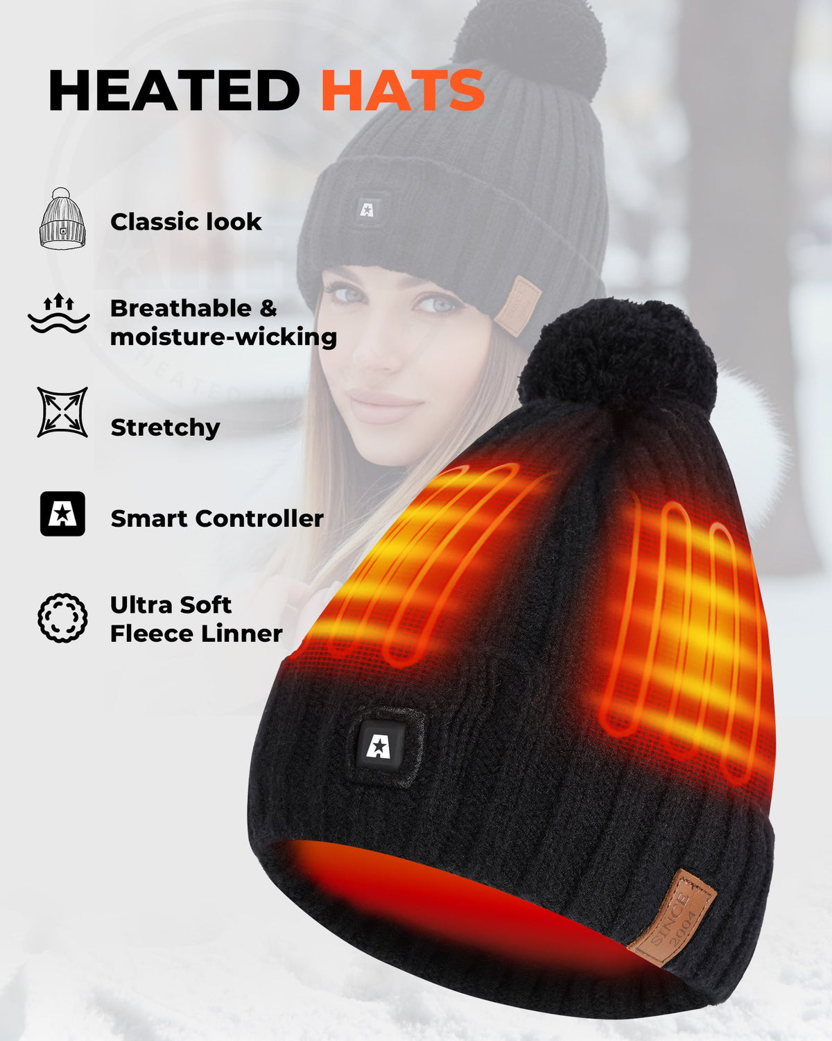 Heated Beanie with Carbon Fiber Panels and Three Temperature Settings for Winter
