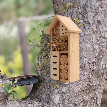 Wooden Insect Shelter with Multiple Nesting Chambers for Bees and Garden Pollinators